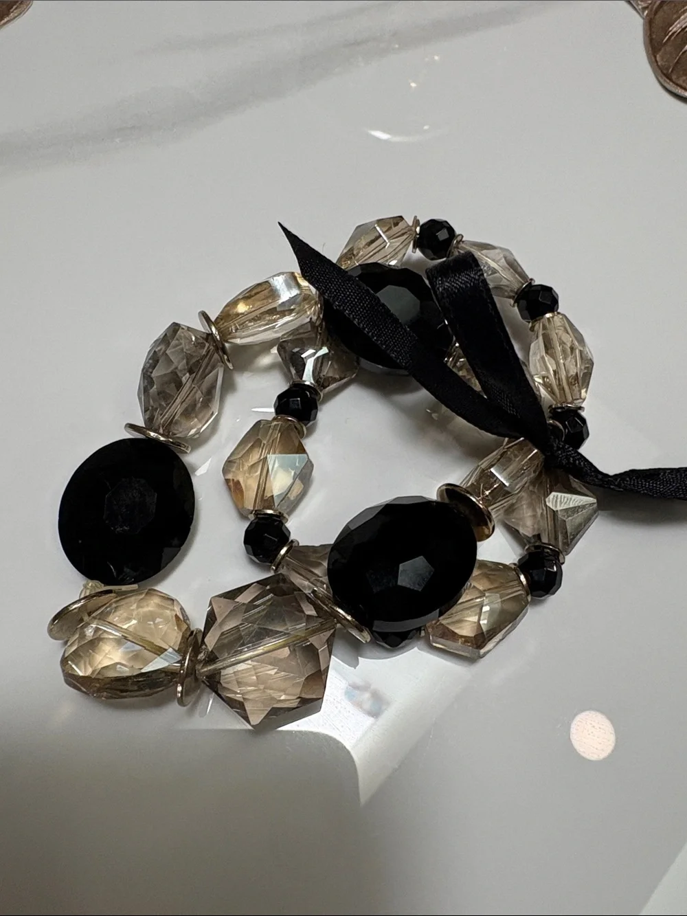 Elegant Black and Champagne glass  Beaded Bracelet with Ribbon Tie set of 2